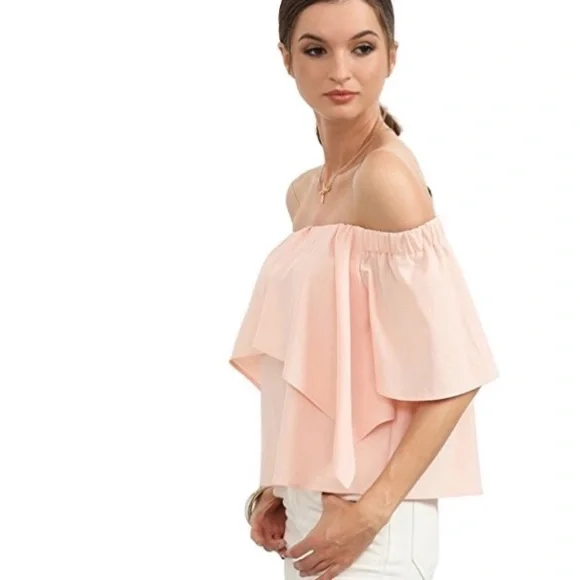 Blush Romantic Ruffled Overlay Split Sleeve Off Shoulder Blouse - Picture 3 of 7